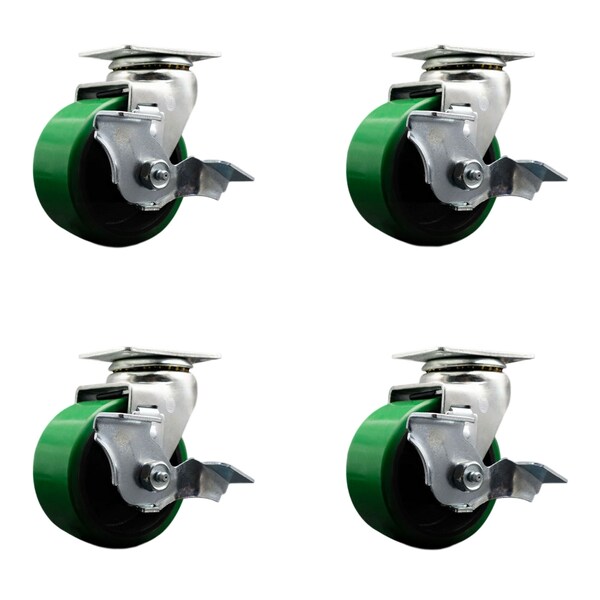 Service Caster 4 Inch Green Poly on Cast Iron Swivel Caster Set with Roller Bearings and Brakes SCC-20S420-PUR-GB-TLB-4 - main